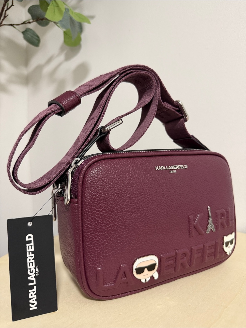 Karl Lagerfeld Cherry Plum Leather Crossbody Camera Bag 🥹😍🥰🍒🍒🍒🍒🍒NEW